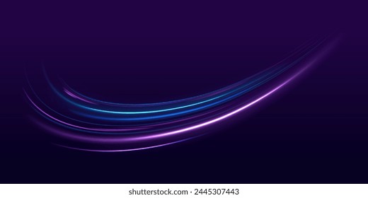 Big data traffic visualization, dynamic high speed data streaming traffic. Purple glowing wave swirl, impulse cable lines. Futuristic dynamic motion technology. Magic of moving fast lines.	
