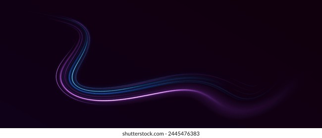 Big data traffic visualization, dynamic high speed data streaming traffic. Purple glowing wave swirl, impulse cable lines. Futuristic dynamic motion technology. Magic of moving fast lines.	
