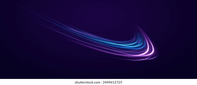 Big data traffic visualization, dynamic high speed data streaming traffic. Purple glowing wave swirl, impulse cable lines. Futuristic dynamic motion technology. Magic of moving fast lines.	
