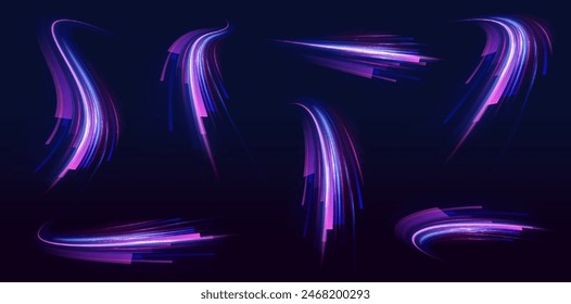 Big data traffic visualization, dynamic high speed data streaming traffic. Neon color glowing lines background, high-speed light trails effect. Purple glowing wave swirl, impulse cable lines.	