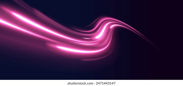 Big data traffic visualization, dynamic high speed data streaming traffic. Vector glitter light fire flare trace. Speed of light in galaxy.	
