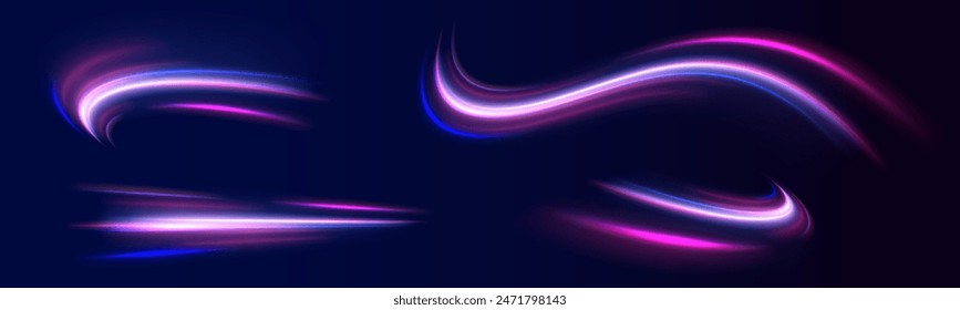 Big data traffic visualization, dynamic high speed data streaming traffic. Vector glitter light fire flare trace. Speed of light in galaxy.	
