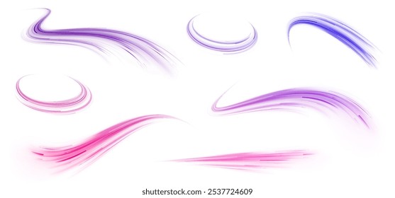Big data traffic visualization, dynamic high speed data streaming traffic. Vector glitter light fire flare trace. Speed of light in galaxy. Neon light, electric, light effect png.