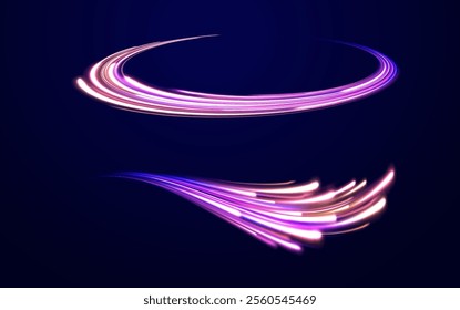 Big data traffic visualization, dynamic high speed. Vector glowing lines air flow effect. Light trail wave, fire path trace line, car lights, optic fiber and incandescence curve twirl. 