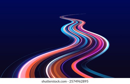 Big data traffic visualization, dynamic high speed data streaming traffic. Image of speed motion on the road. Abstract background in blue and purple neon glow colors.	