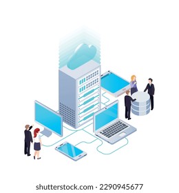 Gran transferencia de datos almacenamiento en la nube concepto de brillo isométrico con caracteres humanos y gadgets Ilustración vectorial 3d