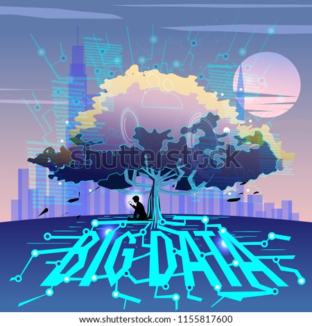 Big data. Big tree with circuit line or  binary of information as root. conccept of big data connected to big tree - vector illustration