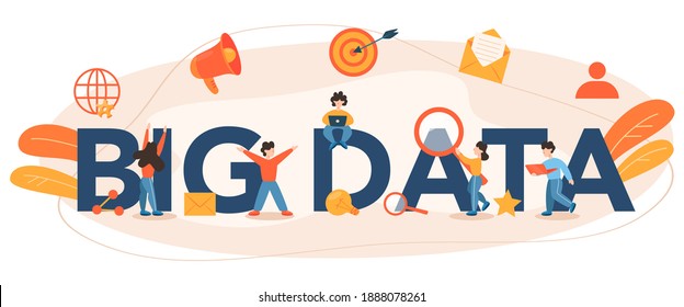 Big data typographic header. Modern computer technology. Analyzing digital information from the internet and making better business decisions. Isolated flat vector illustration