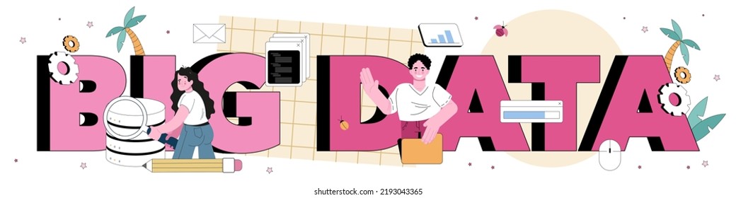 Big data typographic header. Big data specialist visualize and analyse data chart or graph from different sources. Making report for optimization. Vector flat illustration