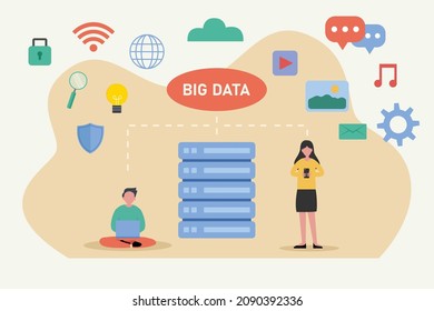 Big data vector concept. Two young people using digital device while standing near the server with big data text background