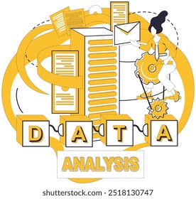 Ilustração do vetor de Big Data. Contabilidade, escriba meticuloso, registra épicos financeiros inscritos em pergaminhos Big Data Armazenamento, cofre silencioso, salvaguarda o conhecimento dos tesouros no reino Big Data