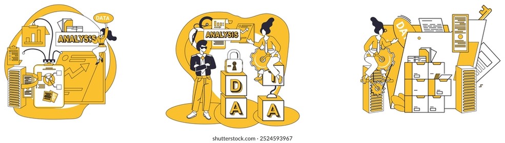 Big data vector illustration. Accuracy, golden compass, guides ship big data through seas uncertainty Information, storytellers quill, narrates epic tales etched in chronicles big data