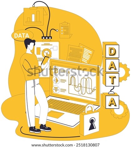 Big data vector illustration. Accuracy, golden compass, guides ship big data through seas uncertainty Information, storytellers quill, narrates epic tales etched in chronicles big data