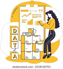 Big data vector illustration. Analytics, conductors baton, directs symphony insights played by big data Analysing, sculptors chisel, carves intricate details in marble big data Accuracy, golden