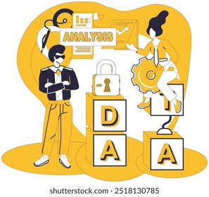 Big data vector illustration. Analytics, conductors baton, directs symphony insights played by big data Analysing, sculptors chisel, carves intricate details in marble big data Accuracy, golden