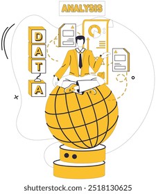 Big data vector illustration. Architecture, master builder, constructs skyscrapers knowledge within big data Info, messenger, conveys messages insight across vast realms big data Business, merchant