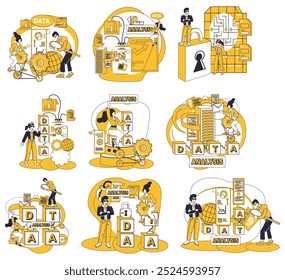 Big data vector illustration. Architecture, master builder, constructs skyscrapers knowledge within big data Info, messenger, conveys messages insight across vast realms big data Business, merchant