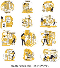 Big data vector illustration. Data mining, digital prospector, extracts valuable nuggets from mines information Analyzing, detectives lens, unravels mysteries hidden within tapestry big data