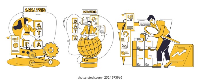 Ilustração do vetor de Big Data. Mineração de dados, prospector digital, desenterrar pedras de vastas informações de minas Analisando, lentes de detetives, decifra códigos ocultos dentro de mistérios de grandes dados