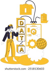 Big data vector illustration. Technology, wizards wand, conjures magic innovation in realm big data Datum, building block, forms foundation towering edifice big data Research, explorers compass