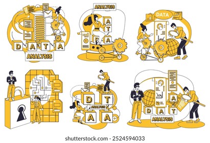 Big data vector illustration. Technology, wizards wand, conjures spells innovation in magical world big data Datum, building block, constructs foundation for towering structures big data