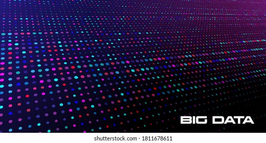 Big data visualization. Abstract background of a large number of multicolored and random size data units on a dark background with depth of field DOF. Science, technology theme. Vector