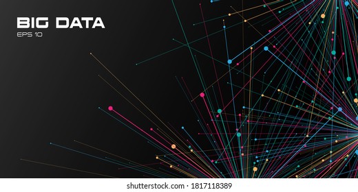 Big data visualization. Abstract background with a points and connections on black backdrop. Science, technology concept. Vector