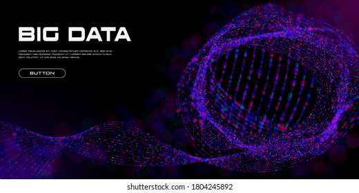 Big Data visualization. Big Data abstract curved flow of particles with bokeh effect and copy space. Depth of Field Effect (DoF). Dark science/technology background. Vector