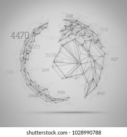 Big data visualization . Abstract earth globe consisting of blured points and lines . Polygonal objects . Network connection .Information concept . scince and technology background .