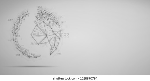 Big data visualization . Abstract earth globe consisting of blured points and lines . Polygonal objects . Network connection .Information concept . scince and technology background .