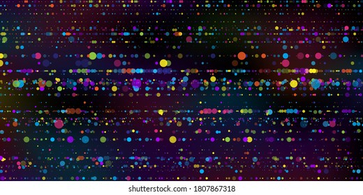 Big data visualization. An abstract data stream of stripes of multicolored round particle on dark background.  Sciencetechnology theme.