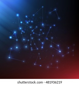 Big data  visualization . Abstract  vector polygonal background . Molecular bond Broken 
 lights . Triangle Plexus  elements . Science, technology concept . Blured molecular particles . 