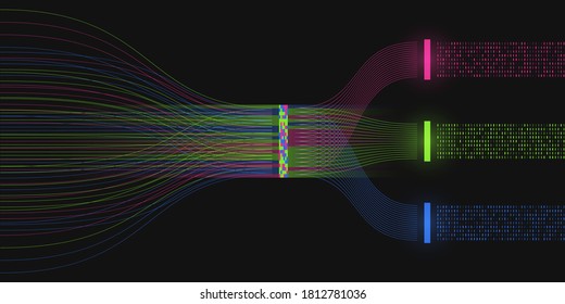 Big data visualization. Analysis process. A sorting machine of binary code. Information analysis concept. Information stream. Science, technology background. Vector illustration.