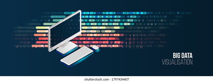 Big data visualization banner. Abstract background with lines array and binary code. Connection structure. Data array visual concept for website. Big data connection complex.