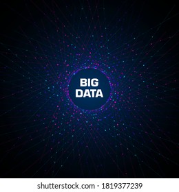 Big data visualization. Circular cluster of multicolored points nd connections with copy space in center. Science, technology concept. Vector illustration