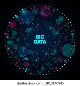 Big data visualization. Circular infographic with copy space in center. Radial cluster of blue and red points. Design for business, science, technology. Vector