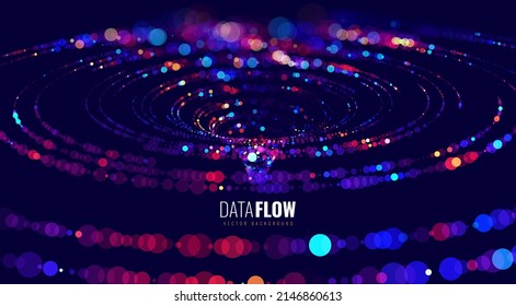 Big Data Visualization. Circular Particles Dots Vortex Abstract Galaxy. Futuristic Science or Finance Infographic Design. Complex Visual Data Background. Abstract Data Flowing. Vector Illustration.