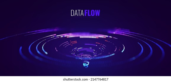 Big Data Visualisierung. Kreislaufpartikel dots Vortex Abstrakte Galaxie. Futuristische Wissenschaft oder Finanzen Infografik Design. Komplexer visueller Datenhintergrund. Abstrakter Datenfluss. Vektorgrafik.