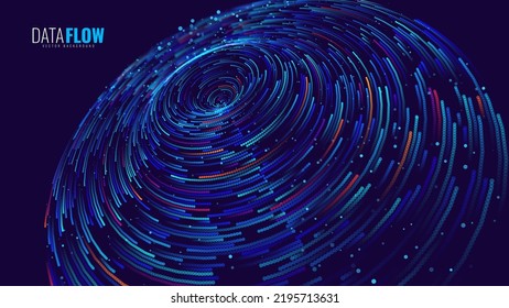 Big Data Visualization. Circular Particles With Trails Vortex. Futuristic Science or Finance Infographic Design. Complex Visual Data Background. Abstract Data Flowing. Vector Illustration.