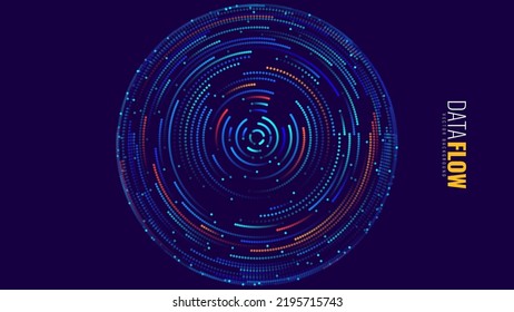 Big Data Visualization. Circular Particles With Trails Vortex. Futuristic Science or Finance Infographic Design. Complex Visual Data Background. Abstract Data Flowing. Vector Illustration.