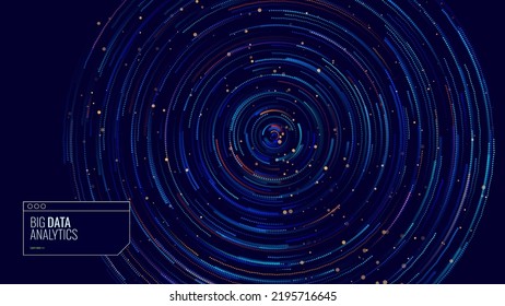 Big Data Visualization. Circular Particles With Trails Vortex. Futuristic Science or Finance Infographic Design. Complex Visual Data Background. Abstract Data Flowing. Vector Illustration.