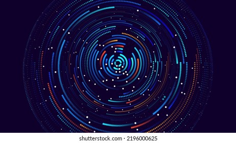 Big Data Visualization. Circular Particles With Trails Vortex. Futuristic Science or Finance Infographic Design. Complex Visual Data Background. Abstract Data Flowing. Vector Illustration.