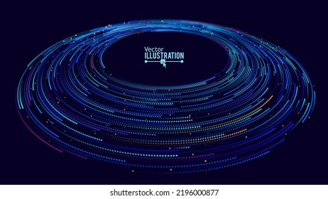 Visualización de Big Data. Partículas Circulares Con Trails Vortex. Diseño Infográfico Futurista de Ciencia o Finanzas. Fondo complejo de datos visuales. Resumen De Datos Fluyendo. Ilustración vectorial.