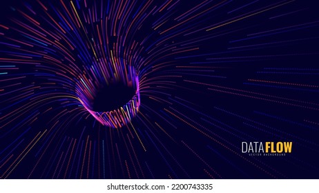 Big Data Visualization. Circular Particles Dots Vortex. Futuristic Science or Finance Infographic Design. Complex Visual Data Background. 3D Virtual Space VR Cyberspace. Vector Illustration.