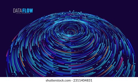 Big Data Visualisierung. Kreispartikel mit Trails Vortex. Futuristische Wissenschaft oder Finanzen Infografik Design. Komplexer visueller Datenhintergrund. Abstrakter Datenfluss. Vektorgrafik.