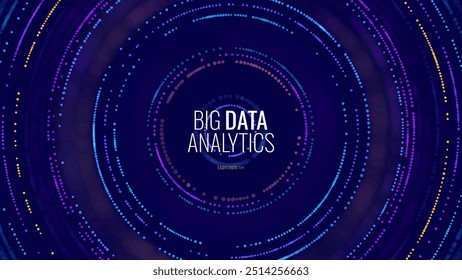 Big Data Visualization. Circular Particles Dots Vortex Abstract Galaxy. Futuristic Science or Finance Infographic Design. Complex Visual Data Background. Abstract Data Flowing. Vector Illustration.