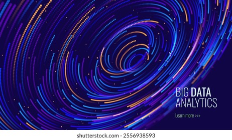 Big Data Visualization. Circular Particles With Trails Vortex. Futuristic Science or Finance Infographic Design. Complex Visual Data Background. Abstract Data Flowing. Vector Illustration.