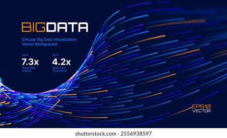 Big Data Visualization. Circular Particles With Trails Vortex. Futuristic Science or Finance Infographic Design. Complex Visual Data Background. Abstract Data Flowing. Vector Illustration.