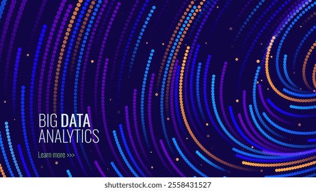 Big Data Visualization. Circular Particles With Trails Vortex. Futuristic Science or Finance Infographic Design. Complex Visual Data Background. Abstract Data Flowing. Vector Illustration.