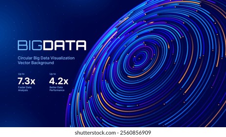 Big Data Visualization. Circular Particles With Trails Vortex. Futuristic Science or Finance Infographic Design. Complex Visual Data Background. Abstract Data Flowing. Vector Illustration.